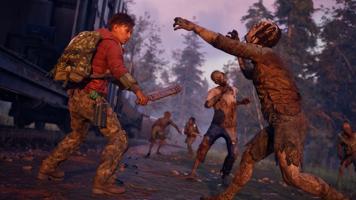 A survivor swinging an improvised spiked bat at a group of zombies beside a derailed train — in-engine combat footage